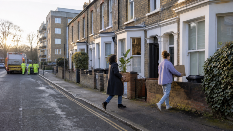 Londra'da belediye hizmetlerinin görüldüğü bir konut sokağına taşınan kişiler