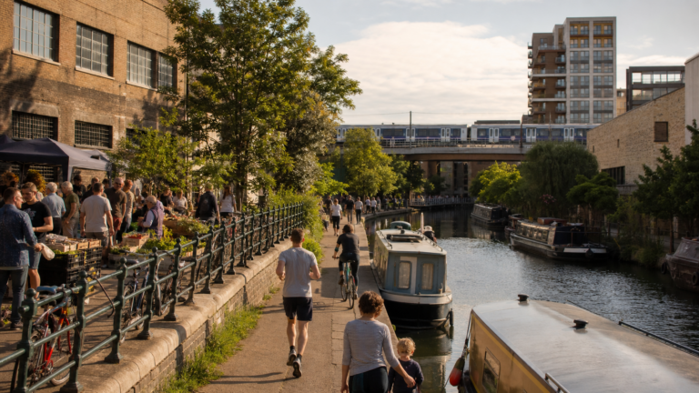 Doğu Londra'da kanal, mahalle pazarı, bisikletliler ve konutların bir arada olduğu sahne