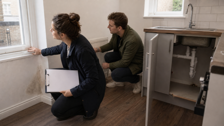 Londra'da kiralık bir evin penceresini, radyatörünü ve nem izlerini inceleyen kişiler