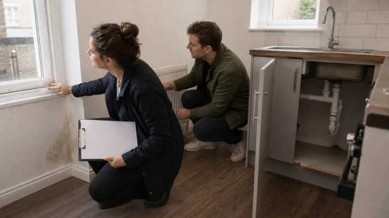Londra'da kiralık bir evin penceresini, radyatörünü ve nem izlerini inceleyen kişiler