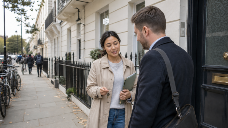 Londra'da kiralık evin önünde anahtar teslimi sırasında konuşan kiracı ve emlak görevlisi