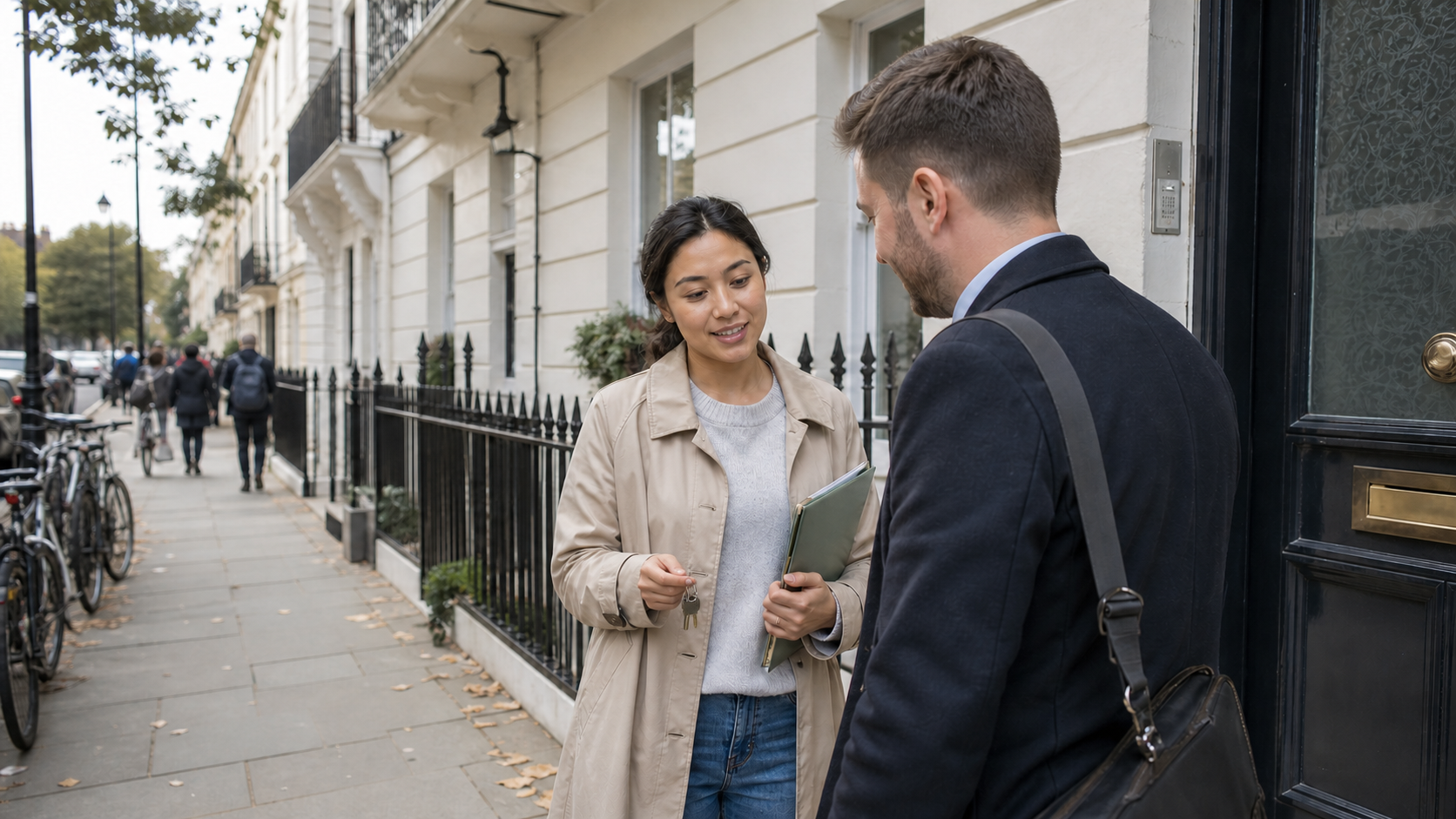 Londra'da kiralık evin önünde anahtar teslimi sırasında konuşan kiracı ve emlak görevlisi