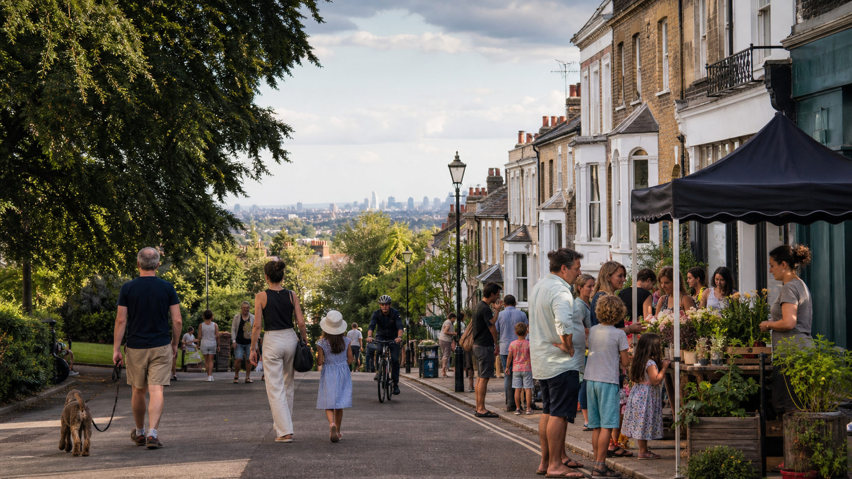 Kuzey Londra'da park, konut ve mahalle pazarının buluştuğu canlı sokak