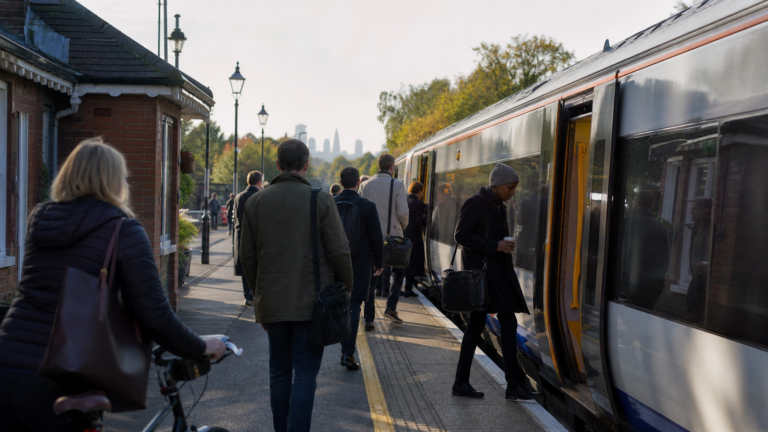 Londra dışındaki bir istasyonda sabah trenine binen yolcular