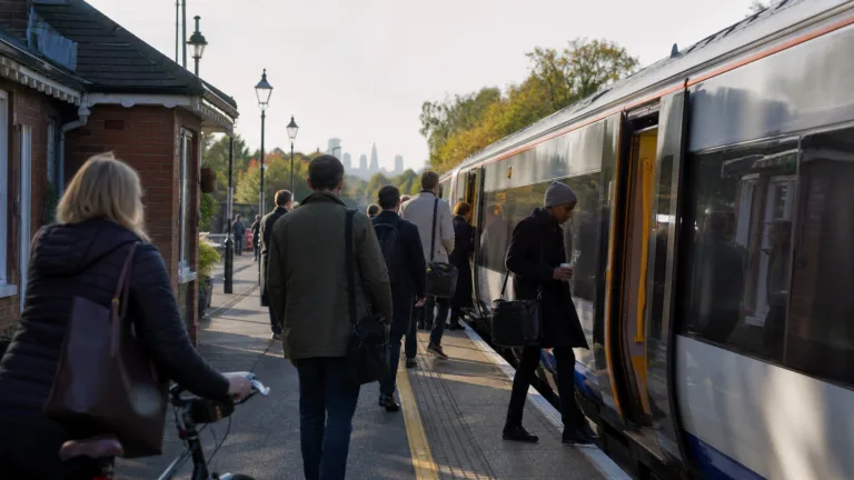Londra dışındaki bir istasyonda sabah trenine binen yolcular