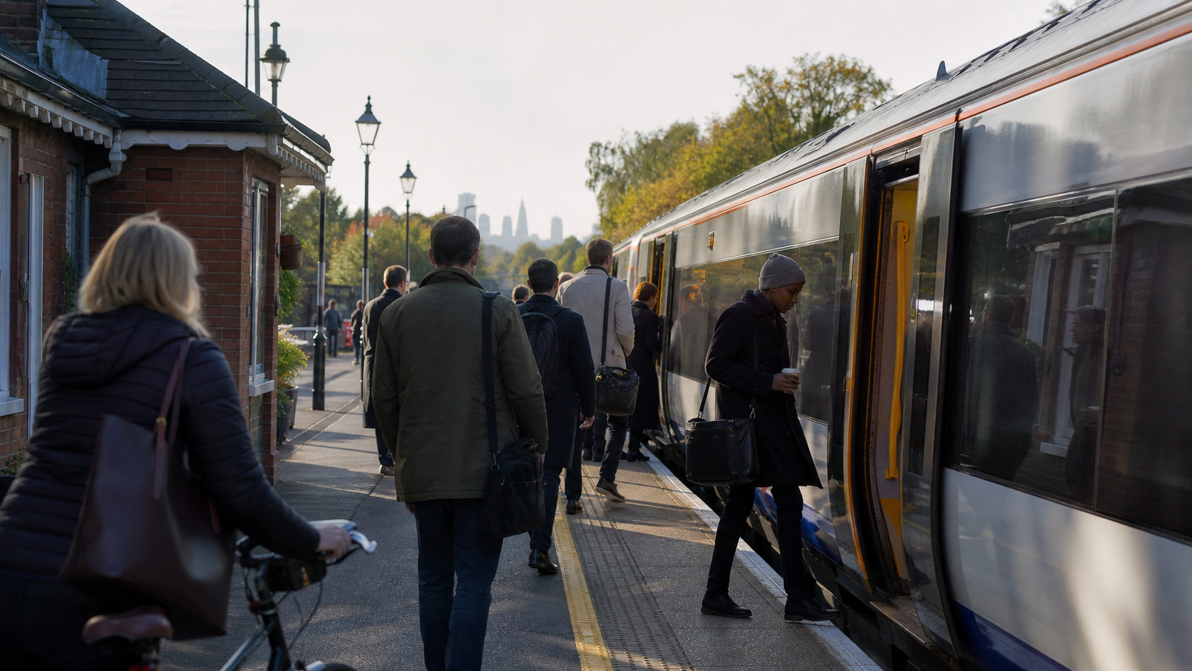 Londra dışındaki bir istasyonda sabah trenine binen yolcular