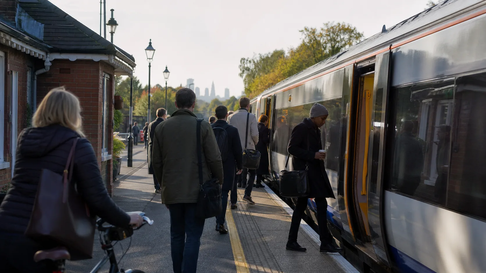 Londra dışındaki bir istasyonda sabah trenine binen yolcular
