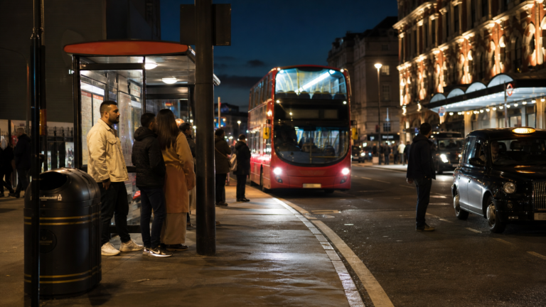 Londra'da gece otobüsü, aydınlık durak ve lisanslı taksi bulunan ulaşım noktası