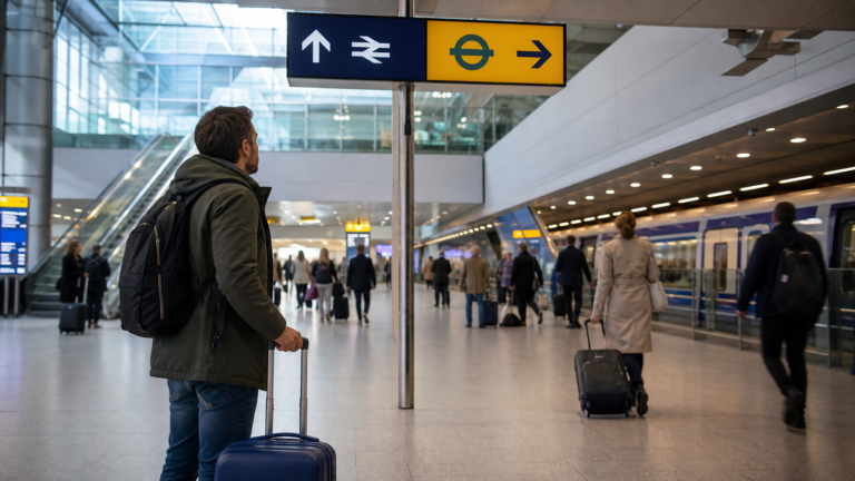 Londra havalimanında valiziyle tren ve metro bağlantısına yönelen yolcu