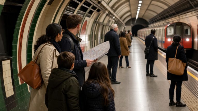 Londra metrosunda haritaya bakarak gelecek treni bekleyen yolcular