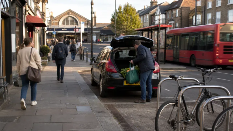 Londra mahallesinde otomobil, otobüs, bisiklet ve yürüyüş seçeneklerini gösteren günlük yaşam sahnesi