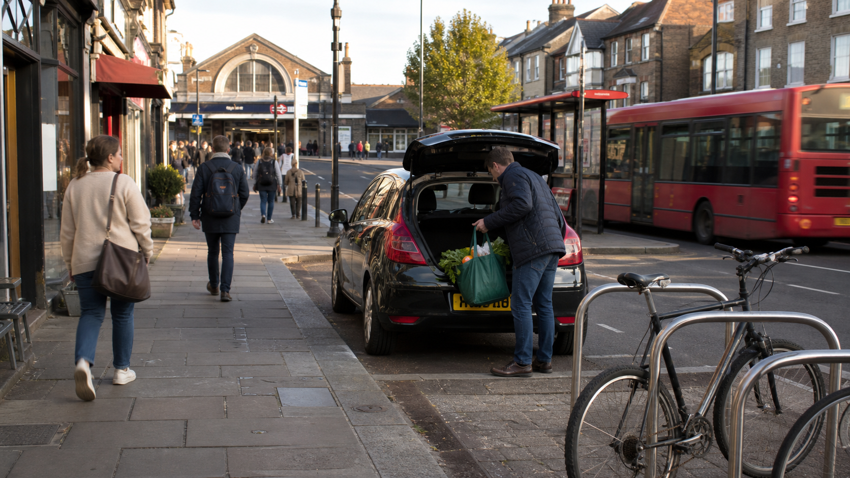 Londra mahallesinde otomobil, otobüs, bisiklet ve yürüyüş seçeneklerini gösteren günlük yaşam sahnesi
