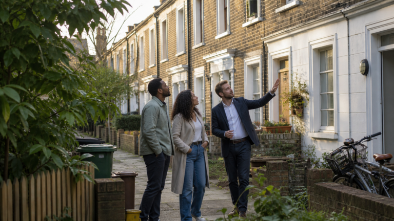 Londra'da teras evleri ve çevreyi emlak görevlisiyle inceleyen çift