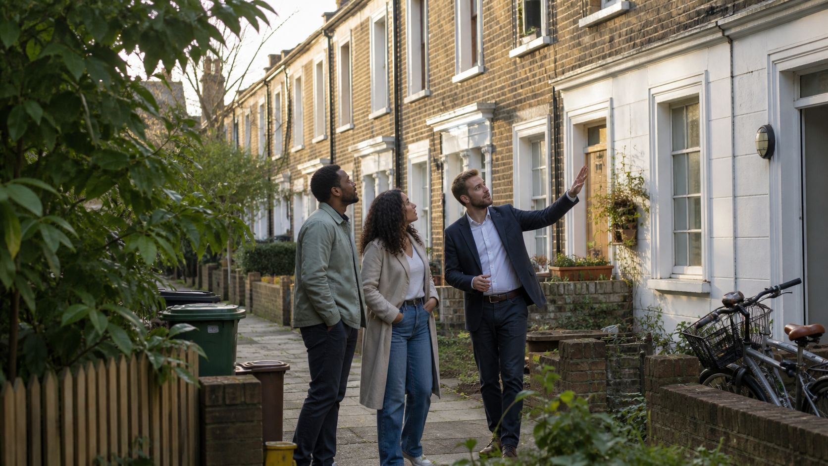 Londra'da teras evleri ve çevreyi emlak görevlisiyle inceleyen çift