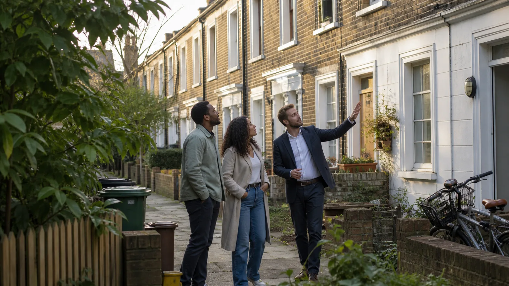 Londra'da teras evleri ve çevreyi emlak görevlisiyle inceleyen çift