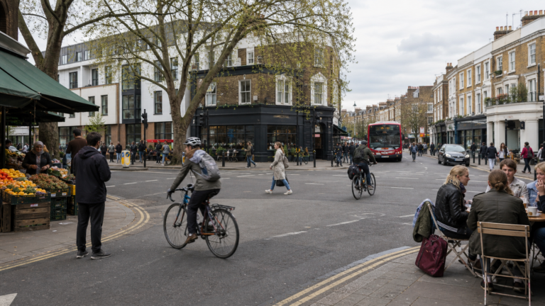 Pazar, bisiklet, otobüs ve konutların bir arada olduğu canlı Londra mahallesi