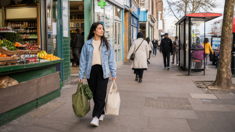 Londra'da mahalle marketinden alışveriş yaparak kalabalık caddede yürüyen yeni sakin