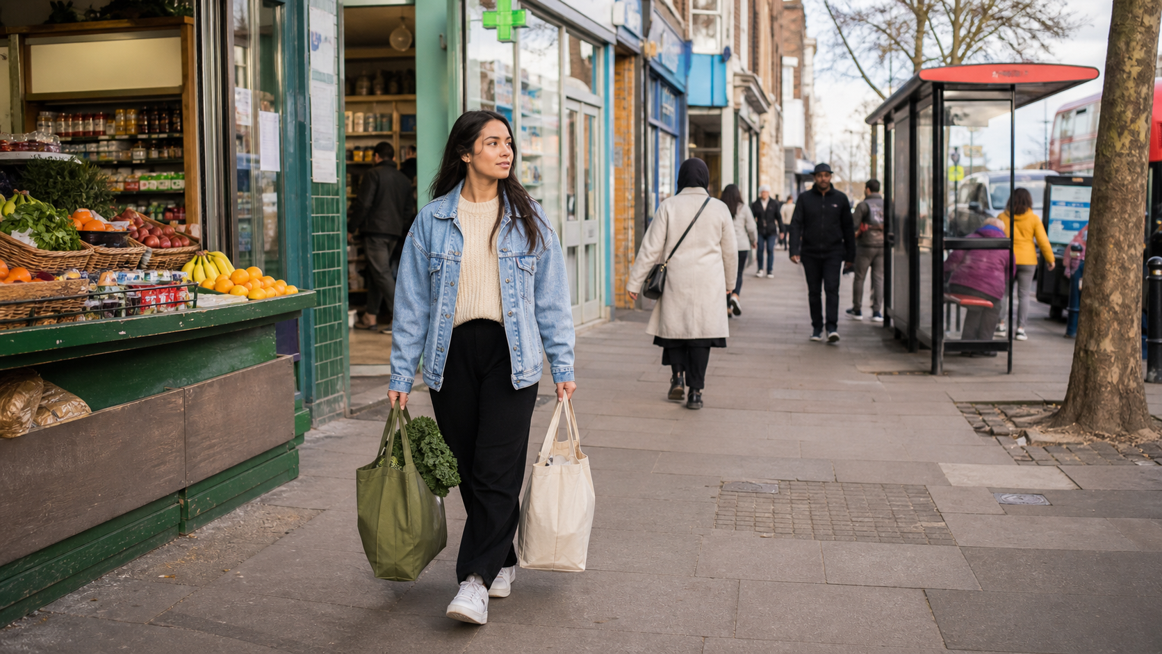 Londra'da mahalle marketinden alışveriş yaparak kalabalık caddede yürüyen yeni sakin