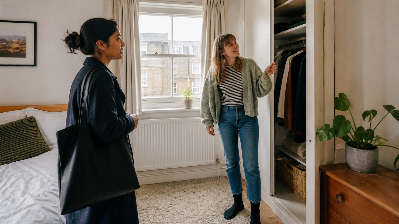 Londra'da kiralık bir odayı inceleyen iki kişi