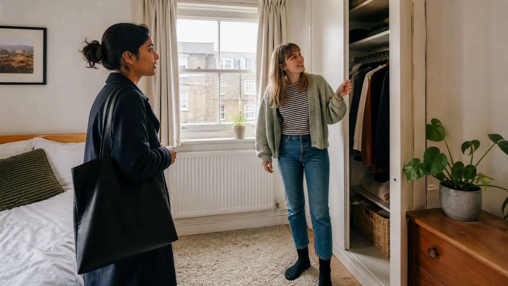Londra'da kiralık bir odayı inceleyen iki kişi