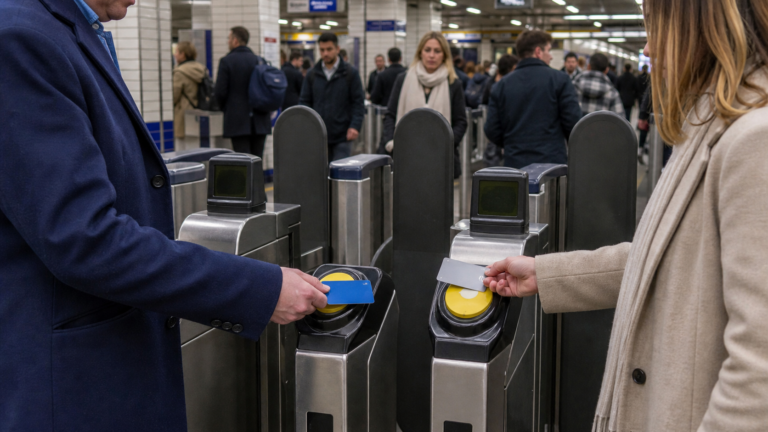 Londra ulaşım kapılarında Oyster ve temassız banka kartı kullanan iki yolcu