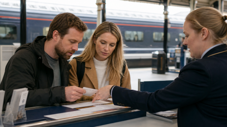 İngiltere'de tren istasyonunda bilet seçeneklerini görevliyle karşılaştıran yolcular
