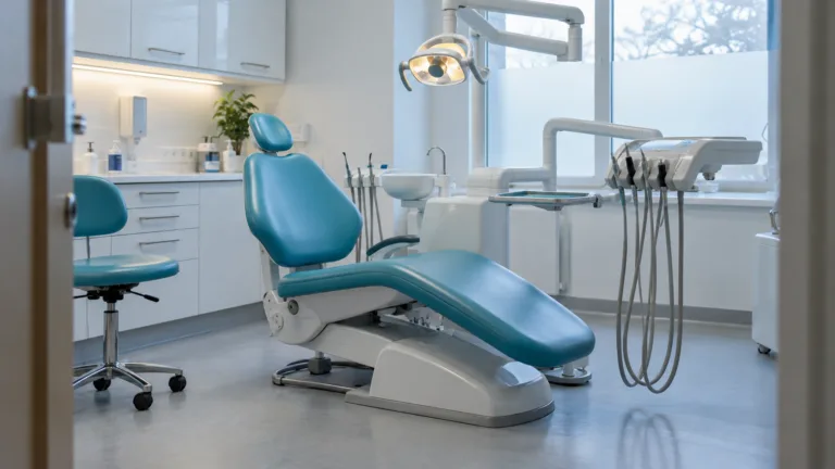 Boş bir diş kliniğinde turkuaz muayene koltuğu, aydınlatma lambası ve diş hekimliği ekipmanları.