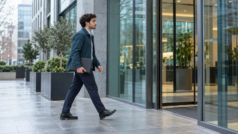 Elinde kapalı dosyayla Londra'daki bir ofis binasının girişine yürüyen genç yetişkin.